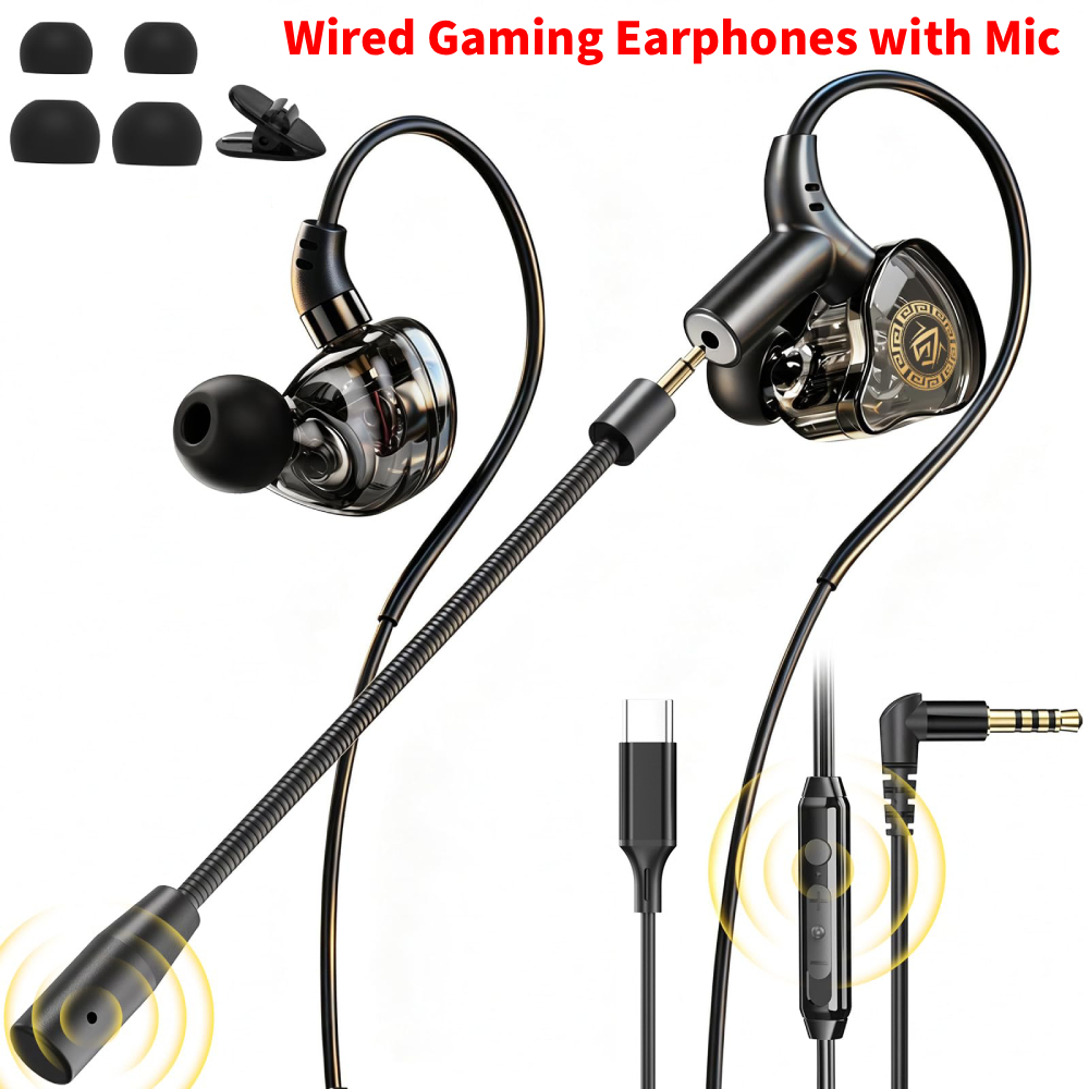 Type C Wired Earphones With Mic - 3.5mm / Type-C接続の有線ゲーミングイヤホン。取り外し可能なマイク、高音質、重低音、インイヤーモニター。PC、PS5、PS4に対応したゲーム用イヤホン。